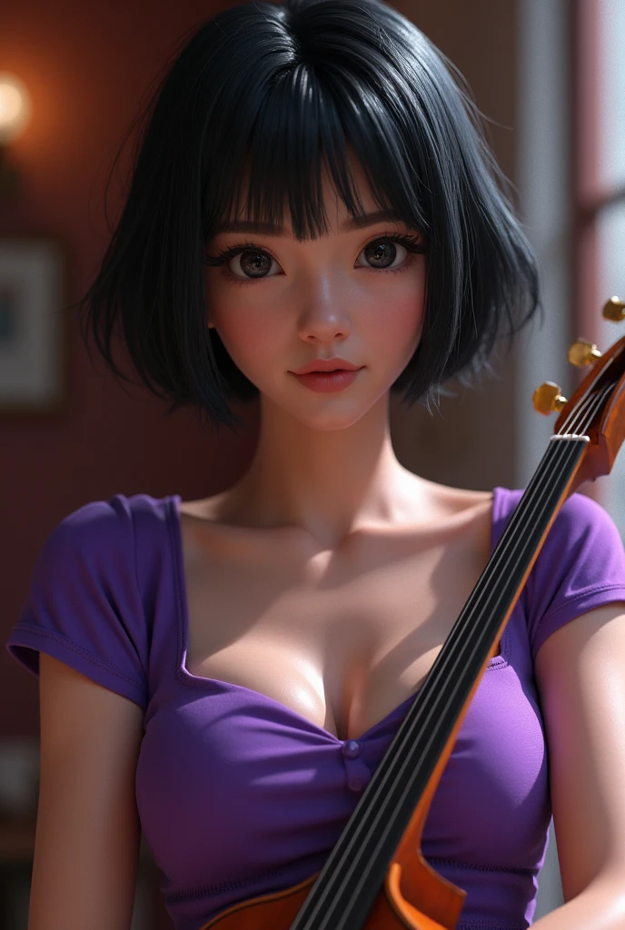 (Masterpiece, Best Quality: 1.4), 8k, 3d, (Movie-like footage, move photo:1.2), looking at viewer, Hi-Res, Glossy Skin, Lips, Super Detailed Skin, Detailed Beautiful Face, 1girl, solo, breasts, short hair, black hair, navel, off shoulder, purple, t-shirt, black eyes, instrument, realistic, kooo123, kooookada