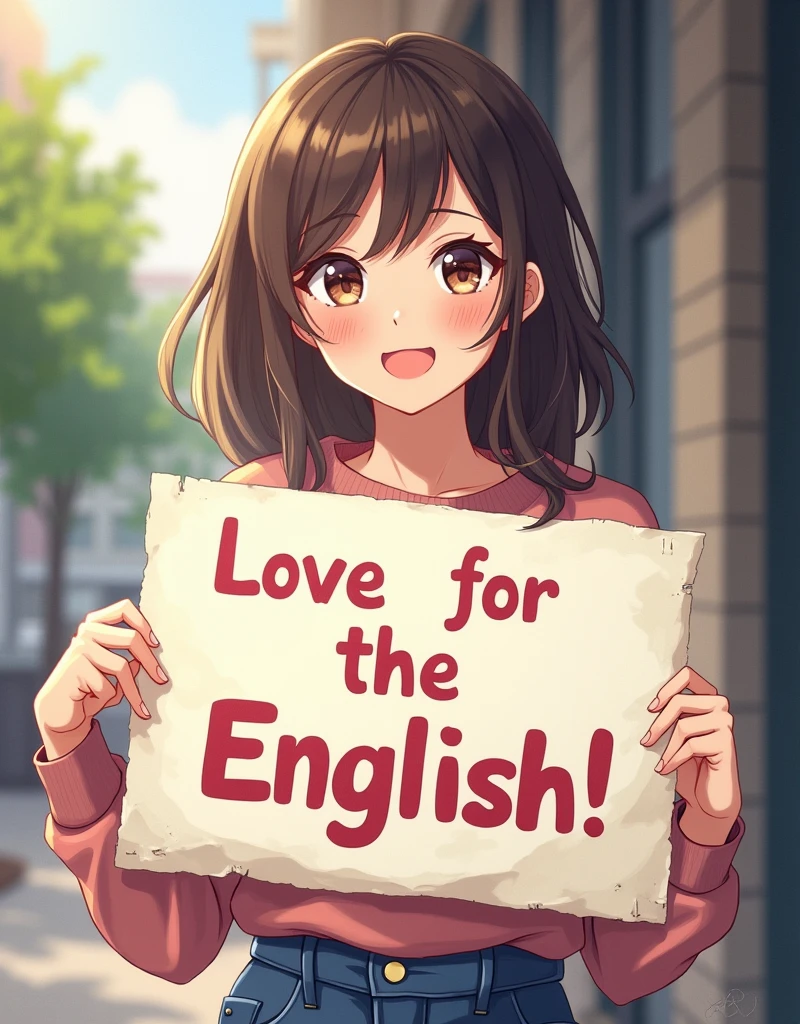 A beautiful and cute woman holding up a sign "I love English", Joyful, Happy, Anime illustration, Realistic, oil