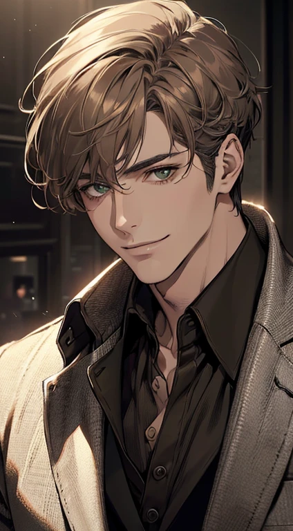 ((a mature man, very handsome, smile in love, short grey brown hair, green eyes, perfect face without errors)), ((buttoning the jacket, CEO)), (best quality, masterpiece, 8K, photorealistic, cinematic lighting, hdr image, ultra detailed, beautiful image), (portrait, detailed facial features, intricate textures, realistic skin tones, highly detailed, ultra-realistic), (warm lighting, soft shadows, dramatic lighting), (muted color palette, rich tones), (professional photography, high resolution, studio lighting)