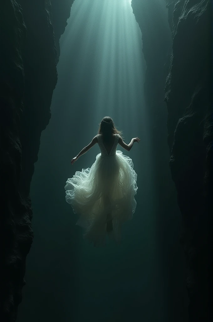 Woman dressed as a bride falling into the abyss