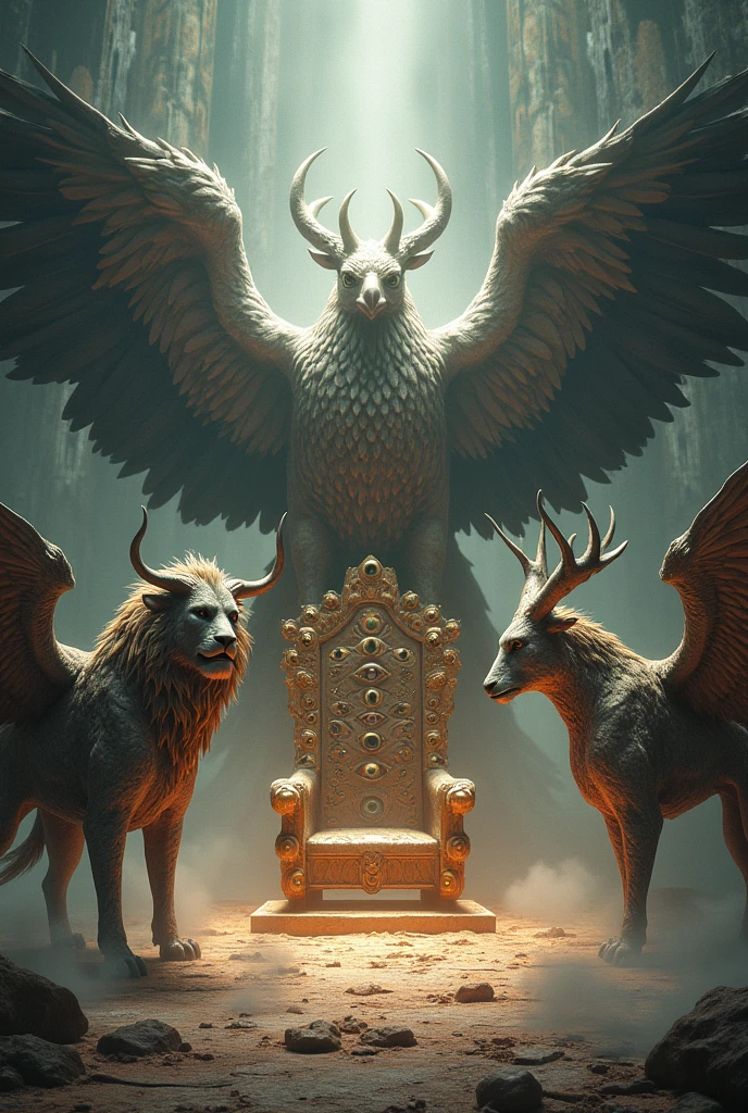 Around the throne, on each of its sides, there were four living beings, covered in eyes, front and back. The first of these beings looked like a lion. The second one looked like a bull. The third one had a face similar to that of a human being.. And the room looked like an eagle flying. 8 Each of these four living creatures had six wings, that were covered with eyes on both sides.