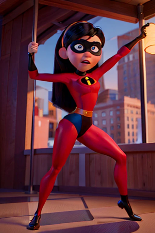 Girl, leotard, pole dancing, Violet Parr, Incredibles, medium breasts, muscular, detailed expressions, beautiful eyes, Pixar Animated style, cinematic lighting, detailed background, hdr, uhd, 4k, 8k, high-quality image, sharp focus