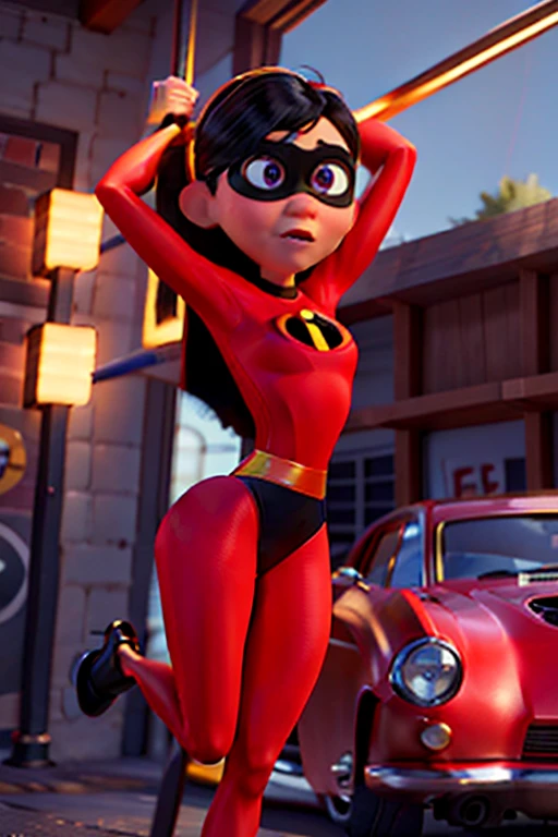 Girl, leotard, pole dancing, Violet Parr, Incredibles, medium breasts, muscular, detailed expressions, beautiful eyes, Pixar Animated style, cinematic lighting, detailed background, hdr, uhd, 4k, 8k, high-quality image, sharp focus
