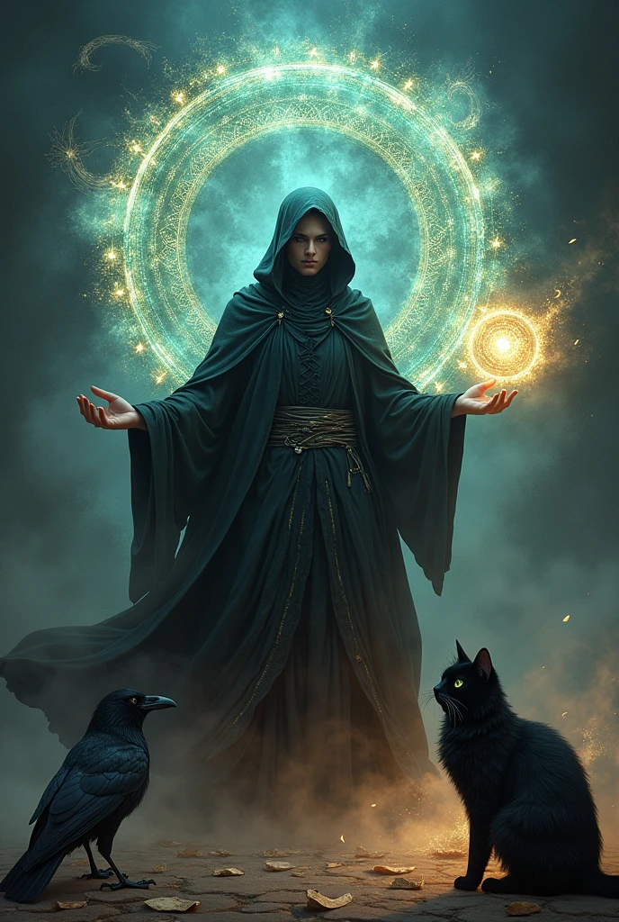 Arcane Mage conjuring magic circles with a raven and black cat