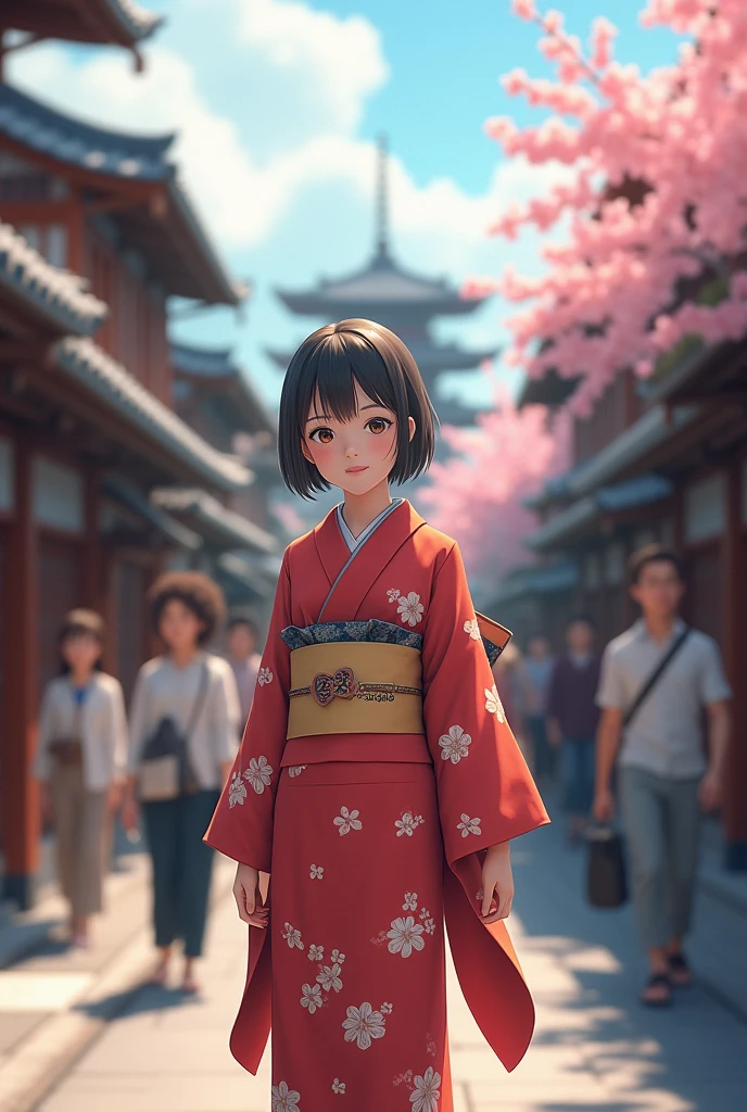 a Japanese young girl with kimono is showing foreign visitors around Kyoto
