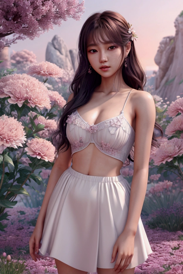 (extremely detailed CG unity 8k wallpaper), lighting, sea of flowers, flowers, 1girl, upper body, kpop idol,