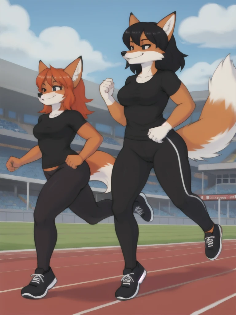 Furry, fox, female, black shirt, black leggings, shoes, running track, friends, full body