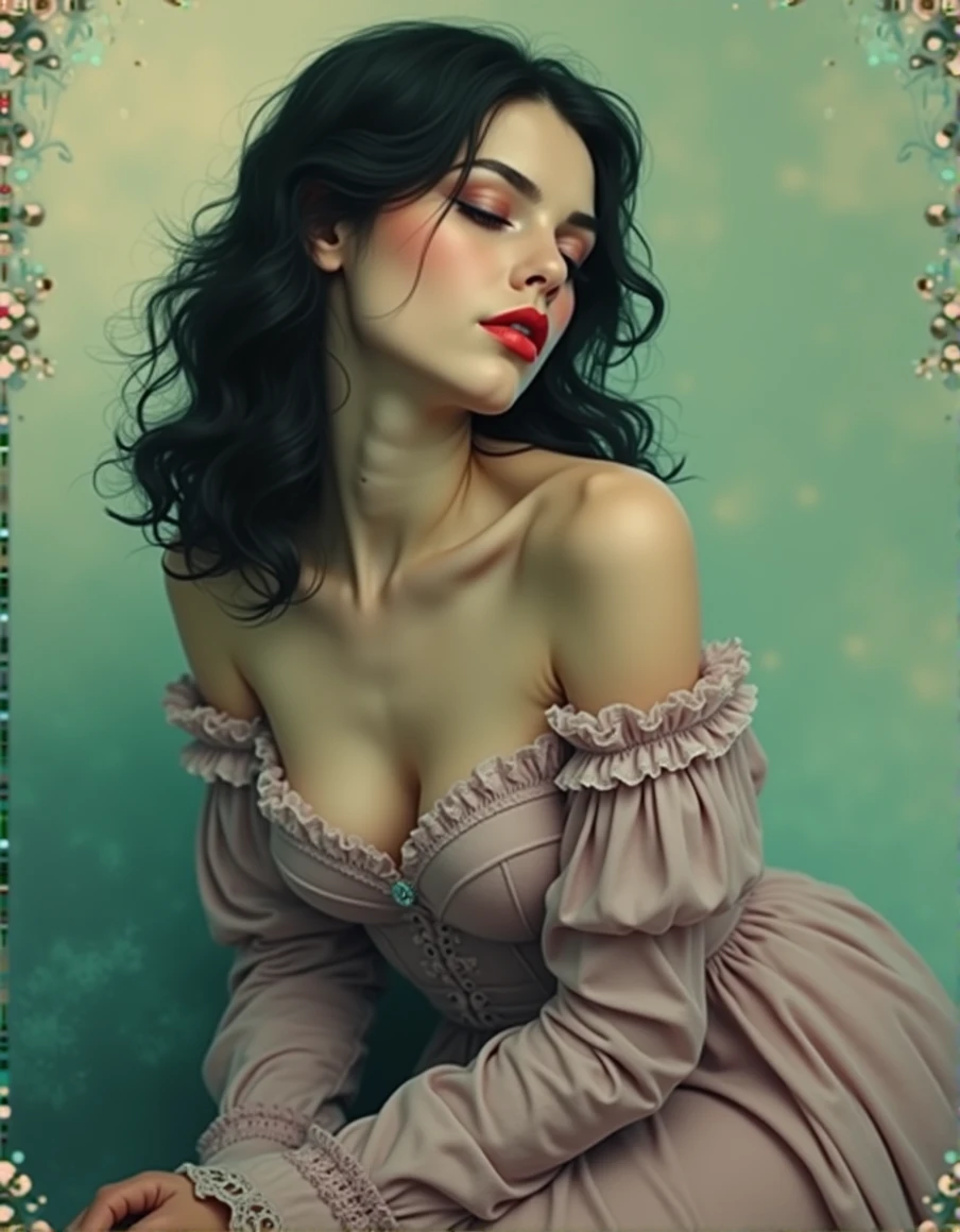 Victorian Hungarian Woman of the 18th century, Black hair, Pink lips, Nice feature, Wadim Kashin, james gurney, ink, Splash Art, Amazing beauty , Royo, after sexing, Super detailed splash art modern European oil ink painting, Mid Gorgeous Breasts, Gorgeous Body, oil painting, very detailed Bright Turmaline Green eyes, Blush, Greg Rutowski, (no NSFW image).