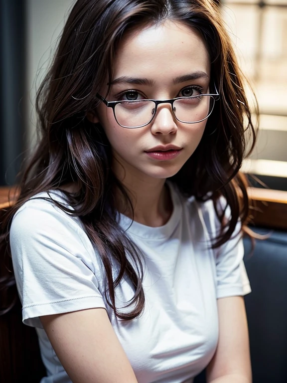 (masterpiece:1.2, highest quality), (Realistic, photoRealistic:1.4), Beautiful illustrations, (Natural Side Lighting, Cinema Lighting), Written boundary depth, Beautiful thighs staring at the viewer, (((Face Focus, Upper Body))), 1 female, 30-year-old, alone, thin, slender, (small breasts), long Hair, Curly Hair, Forehead, Forehead, Forehead, Forehead, thin, slender, glasses,  is wearing a white T-shirt with a pair of jeans, Are standing, ((Close-up)), ((Close-up)), ((Close-up))