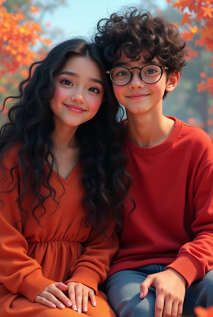 18 years old girl and boy sitting colourful and beautiful world, they have a black hair, girl hair is crail and long, The boy is wearing glasses, they clothes are red colour, they are happy and lovely,