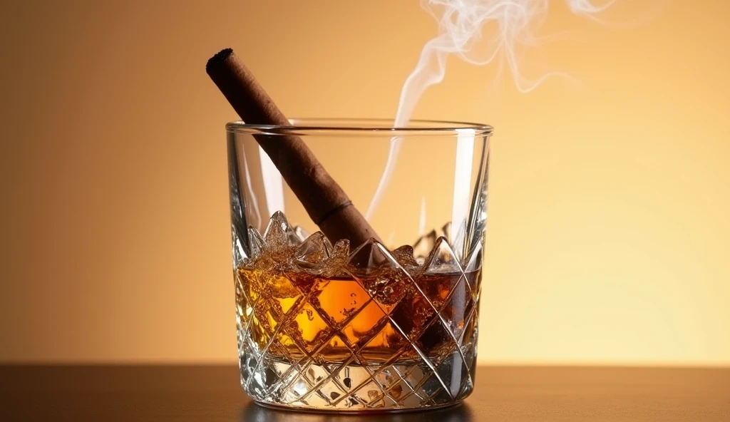 short glass of wiskeywith many details with brown tabaco horizontal with smoke in a beige background in the air with many cristal details in the glass and even more details
perfect, make the glass smaller
add a tabaco
