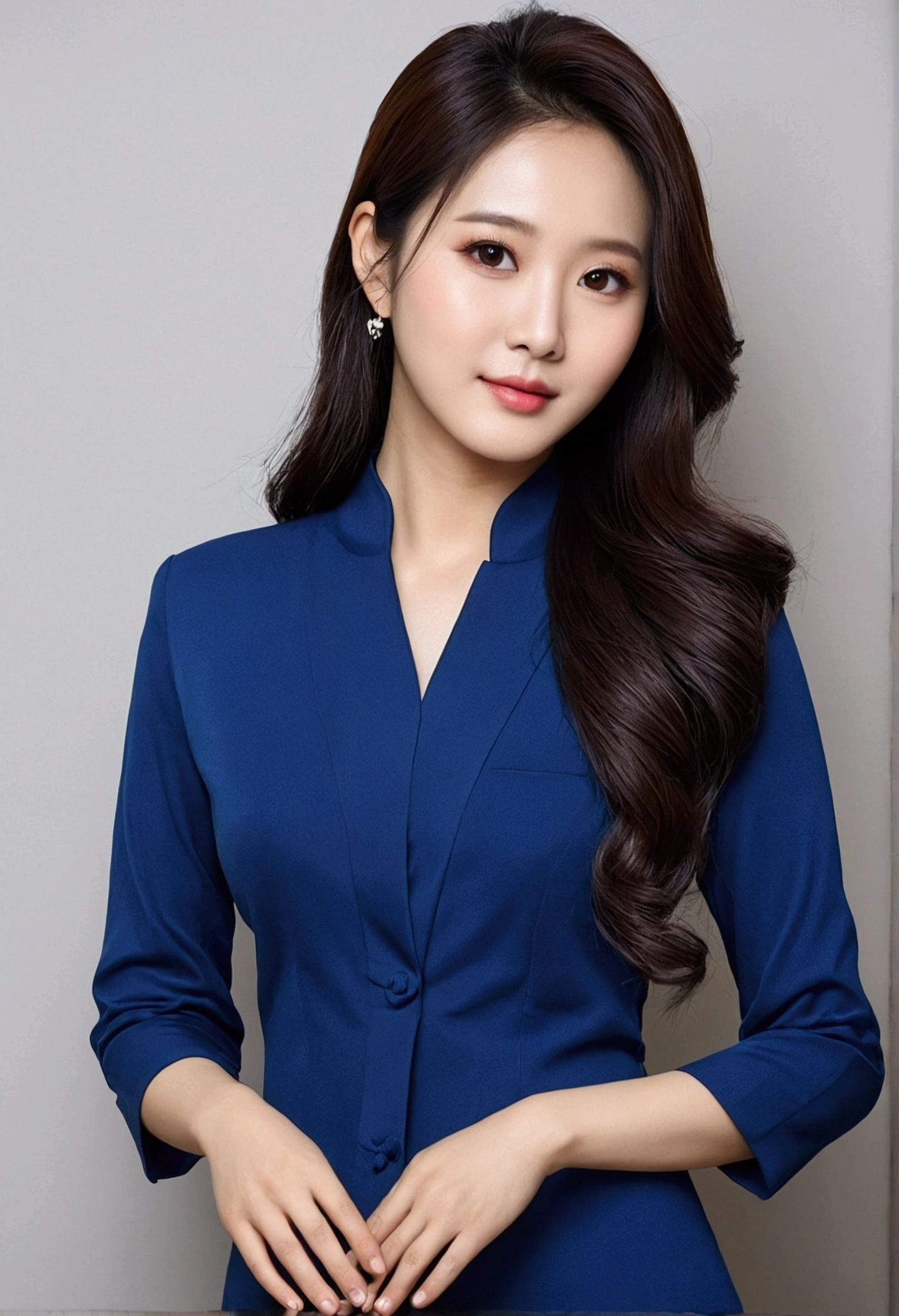 Wanita cantik korea,berusia 30 tahun,rambut hitam panjang di sanggul,warna mata biru,tato full body,bertubuh tebal,dada besar,pantat besar,paha tebal,pakaian sekertaris kantor,pose model menggoda,sudut pandang dinamis,full badan,realisme