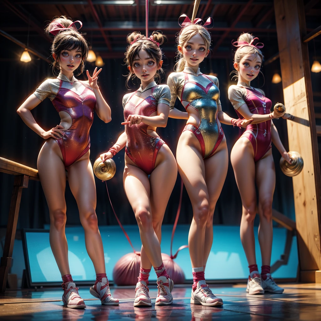ExtremelyDetailed (((Rhythmic Gymnastics Team Kawaii Kids in a row:1.4))), Childish perfect face, Reflective Eyes, Detailed(Delicate Clothing textures), Corrected Leg to Foot Line, Corrected Perfect Hand, Dynamic Joyful Expressions LifeLike Rendering, ((Specular Reflection:1.28)), TopQuality 8K Ultra-detailed masterpiece (ProfessionalPhoto:1.37)(Acutance:0.8),(Luminism:1.22),