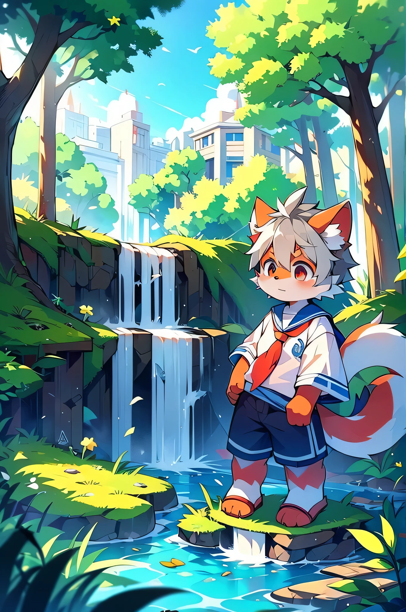 Dagashi,Hair growing all over the body,Red fur,Red face,Gray Hair,Male puppies,Libido boy,Red face fur,Fluffy tail,10 years old,Shining Eyes,Panoramic View:1.2,Character Focus,((Wearing a sailor uniform,River side,waterfall,nature,beautiful))Waterfall City,Future city architecture