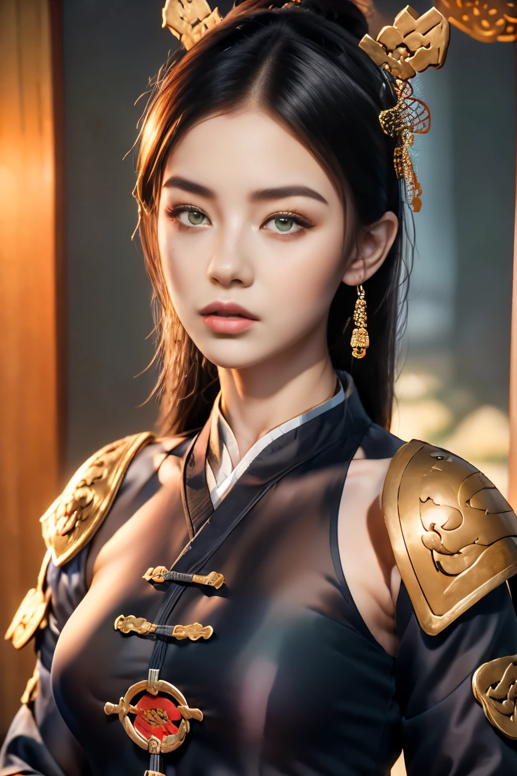 Game Art，Best picture quality，Maximum resolution，8K，(A bust photo)，(portrait)，(Head close-up)，(Rule of Thirds)，Unreal Engine 5 rendering works， (Future Girl)，(Female Warrior)， 
****************，(Ancient Chinese general)，Eyes full of details，(Large Breasts)，Elegance and nobility，indifferent，brave，
(Wearing ancient Chinese style armor，Tang Dynasty armor，The costumes are rich in detail，Metallic luster，Silver gray)，Chinese characters，Fantasy style，
Photo poses，Wild background，Movie Lighting，Ray Tracing，Game CG，((3D Unreal Engine))，OC rendering reflection mode