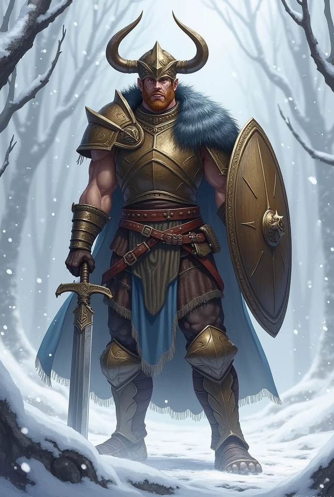 dovahkiin armor,shield,solo,sword,muscular,male focus,1boy,horned helmet,brown gauntlets,holding sword,snowing,