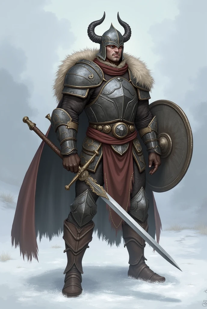 dovahkiin armor,shield,solo,sword,muscular,male focus,1boy,horned helmet,brown gauntlets,holding sword,snowing,