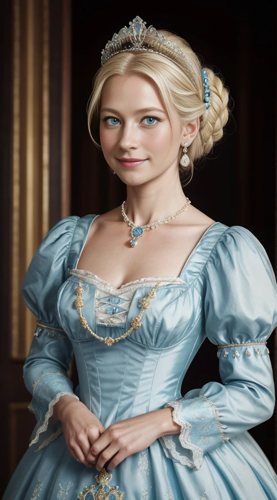 Raw photo、Highest quality、moody lighting, One woman、Rococo dress、Lady、((Swedish, Upper Body, Age 27, Blonde, Chignon Hair, tiara, Ice Blue Eyes, Long face, High nose, archaic smile:1.4)), Woman in light blue dress, slim and small breasts, necklace, Rococo Queen, Rococo portrait, Exquisite and aristocratic, Aristocratic appearance, 優雅なLady, 18th Century Duchess, 18th century style