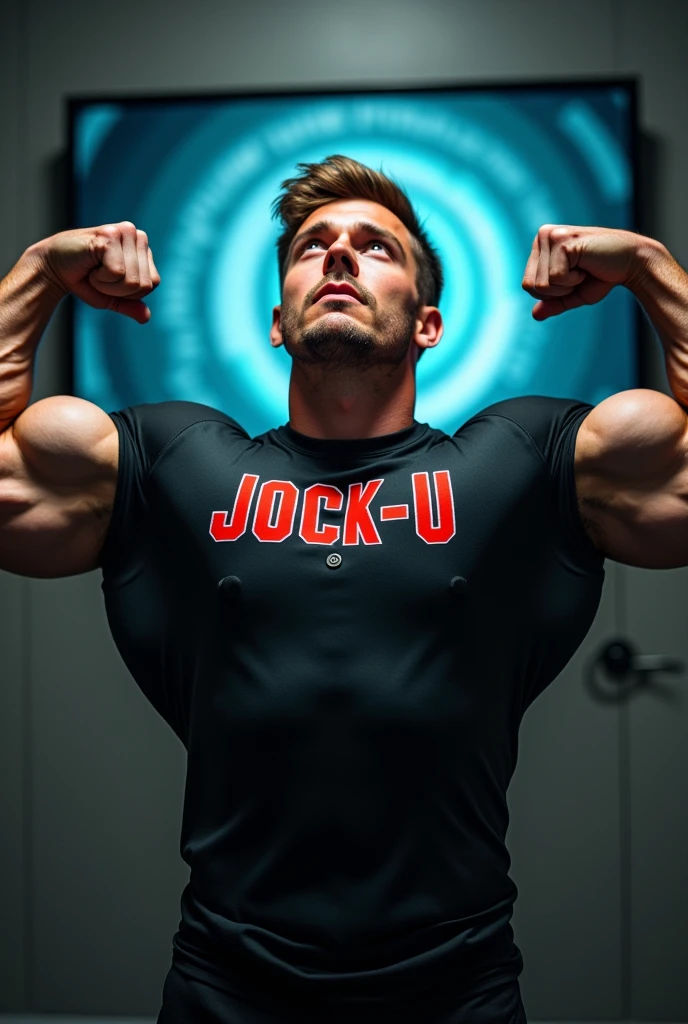 Young male college student Wearing shirt that says JOCK-U as a big dumb hyper muscular sweaty bodybuilder football jock bro in skin-tight compression gear flexing and staring blankly with open mouth into a monitor displaying a hypnotic spiral under hypnosis in a locker room doing a double bicep flex to expose sweaty armpits as he repeats, "Stare ... listen ... blank ... obey.... Bigger... Dumber.... Just a big ... dumb ... jock. Huhuh.... How's it hangin'? C'mere. Watch the spiral and FLEX with me, BRO! It's good to be a JOCK. Stare. Obey. Be a jock, just like me...." in a deep voice. Football jock assimilation. Hyper swollen crotch bulge. Sweating. Mouth hanging open. Hyper muscles. Giant biceps. Giant triceps. Broad shoulders. Giant traps. Giant lats. Giant deltoids. Big meaty pecs. Hyper swollen glutes. Brainwashing. Hypnosis. Hypnotized. Bro. IQ drain. Sweaty. Stereotype. Hypnotic trance. Entranced. Brainwashed. meathead. Musclehead. mindless. brainless. Front view. Photo manipulation. Giant muscles. compression gear.