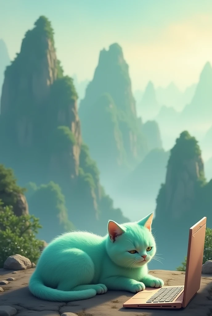 A cute Tiffany green cat lying on the ground, lazy and unmotivated, with a computer on top of a huge mountain in the Chinese style background