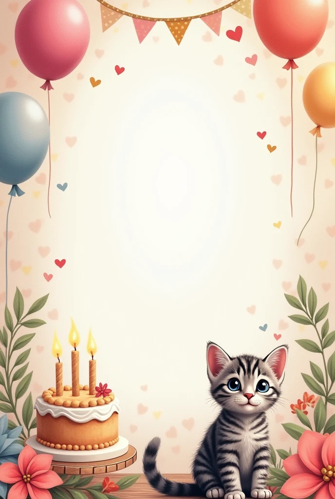 A sheet to put a dedication and that has a small gray tabby cat and a birthday theme