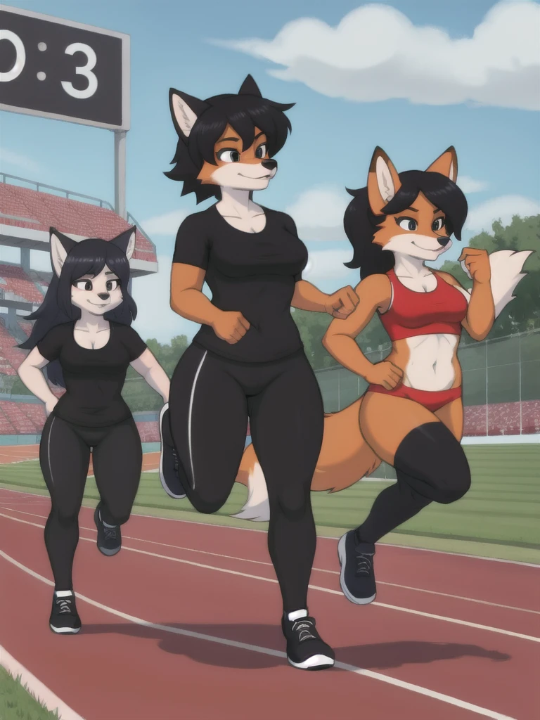 Furry, fox, female, black shirt, black leggings, shoes, running track, friends, full body