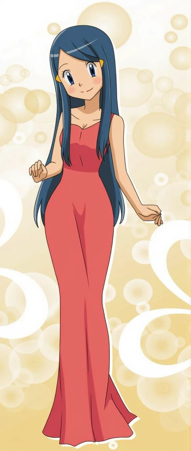 With black hair and brown eyes . Dressed in sky blue 