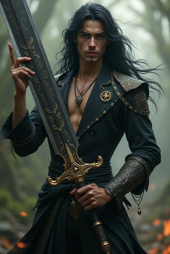 brown eyed boy, Half god and demon with long black hair with a full body sword over 20 