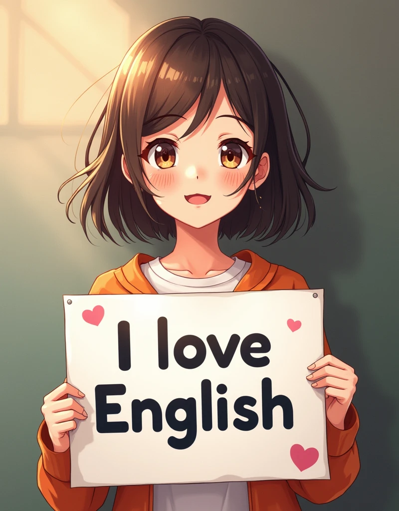 A beautiful and cute woman holding up a sign "I love English", Joyful, Happy, Anime illustration, Realistic, oil