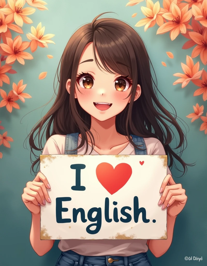 A beautiful and cute woman holding up a sign "I love English", Joyful, Happy, Anime illustration, Realistic, oil