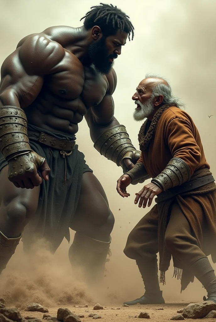 A fat black man with iron gauntlets fighting an old man
