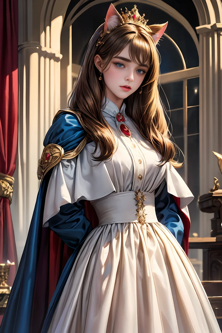 
masterpiece, 最high quality, high quality, 1 girl, alone, Female focus, Watching the audience,  Messy brown hair, Adorable big blue eyes, White, Noble, Noble,Sexy voluminous cape、vampire、A very voluminous, large, very large, very large, long, long red and black cape with a high stand-up collar, made of a lot of fabric that reaches down to the floor., 23 years old,Cute beautiful girls,Cute, cute, kind, pretty girl, with nametag CAT, Royal snake hair, gorgeous