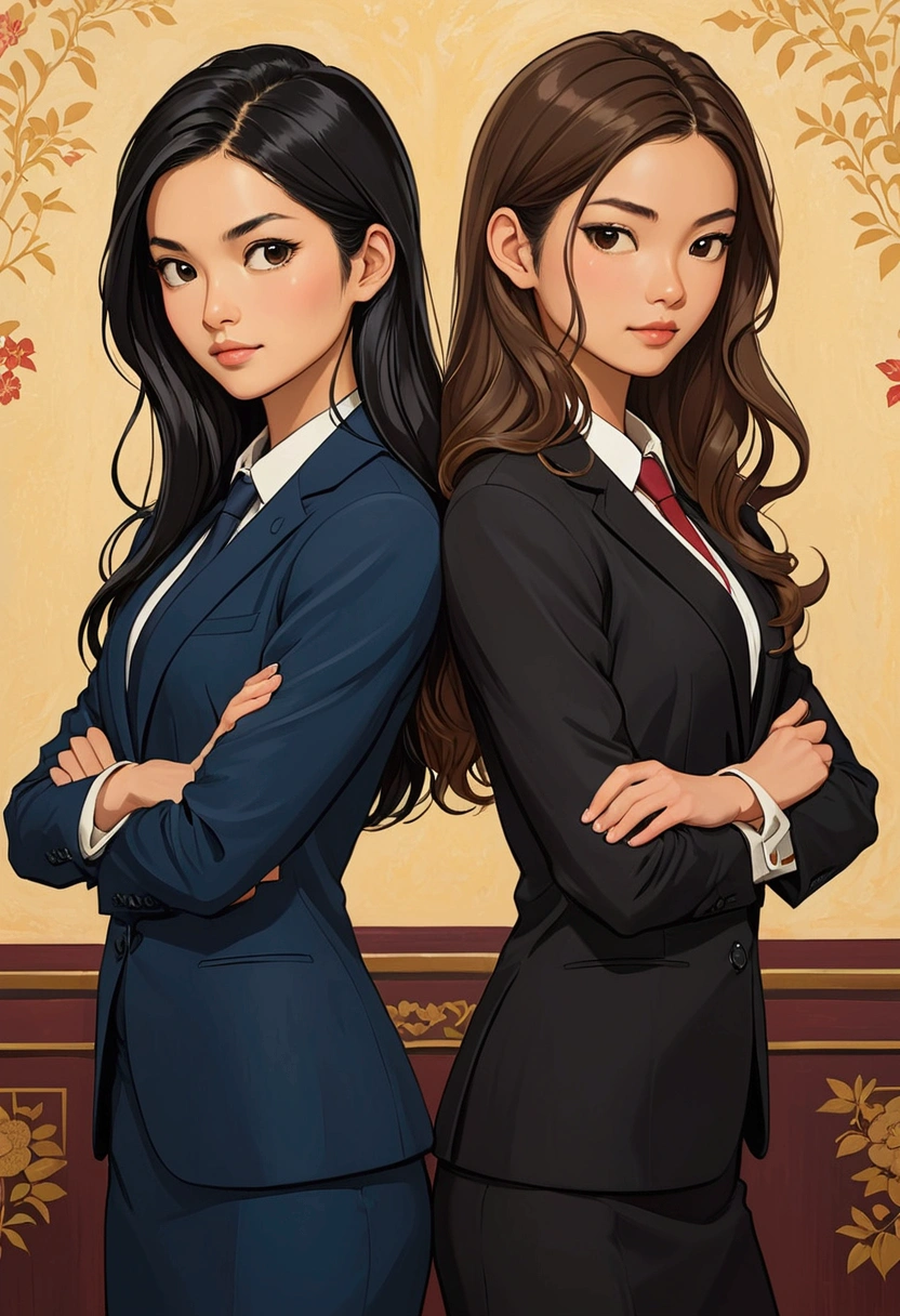 Two beautiful Sarah Kay style women in love. One with semi-long light brown hair, British features, dressed in a suit, the other a beautiful Asian with long black hair, dressed in a suit, they stand back to back in a relaxed attitude with their arms crossed.