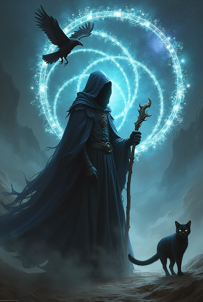 Arcane Mage conjuring magic circles and time with a flying raven and black cat