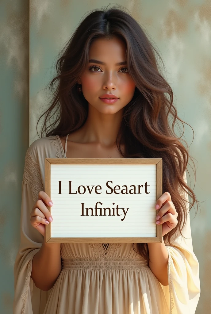 Beautiful girl with wavy long hair, bohemian dress, holding a white board with text "I Love Seaart Infinity" and showing it to the viewer
