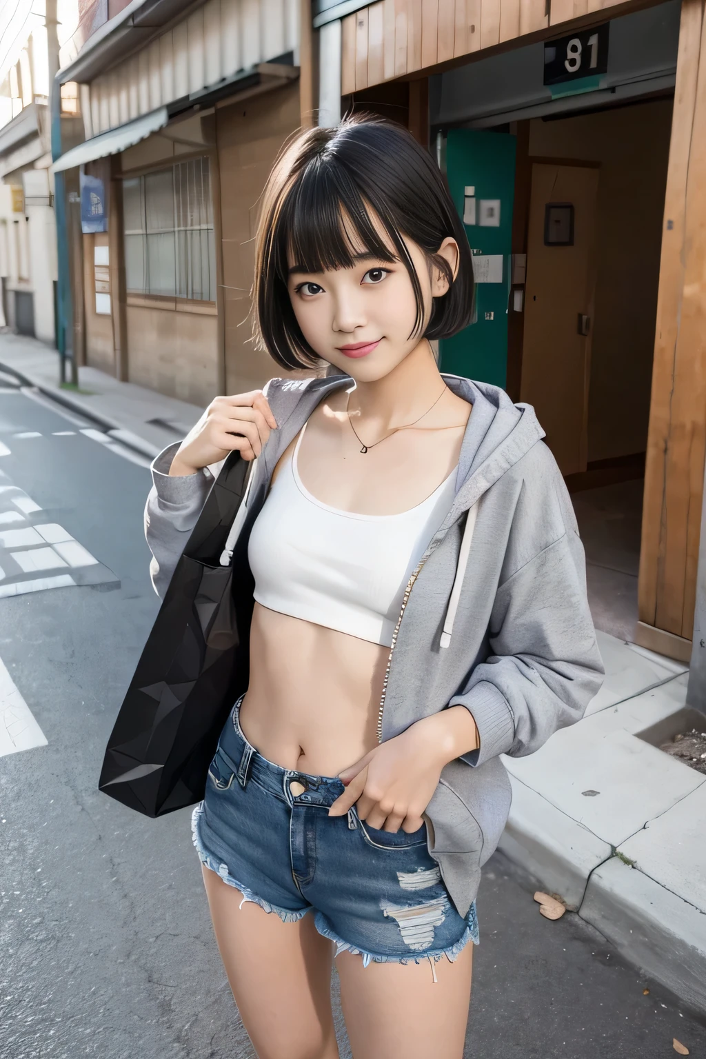 the front view of a japanese woman,street area,telephone poles,garbage collection center under the telephone pole, Japanese girl,Slender body,small hip, BREAK (wearing light gray hoodie),(open hoodie), BREAK (wearing ripped denim shorts), black short hime cut hair with blunt bangs, sandals,panty line, (no bra),smile,(one breast out), early morning,i carry a garbage bag,high resolution,standing in front of the trash can,put garbage in the trash can,shooting through the trash can,(from head to knee shot),leaning forward,(from above),looking at another,visible shadow of erect nipples,