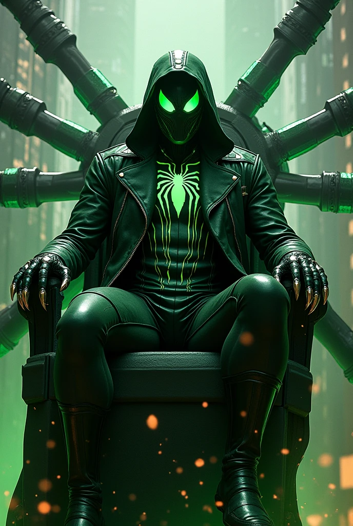 Create a villainous Spiderman, he has a green technological armor, he also has a leather jacket that has a hood that covers his head, his mask lenses must also be intense green, he will have some parts of his suit that must be black where There are some lines of green lava and his spider on his chest is the same as the one Venom has, also some ferrous claws on his hands and he also has 4 spider legs that are mechanical and are large, they are part of the armor while he is sitting a throne while its throne is this new york covered in cobwebs