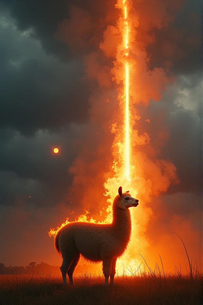 A burning alpaca on a call with a flaming meteorite falling from the sky