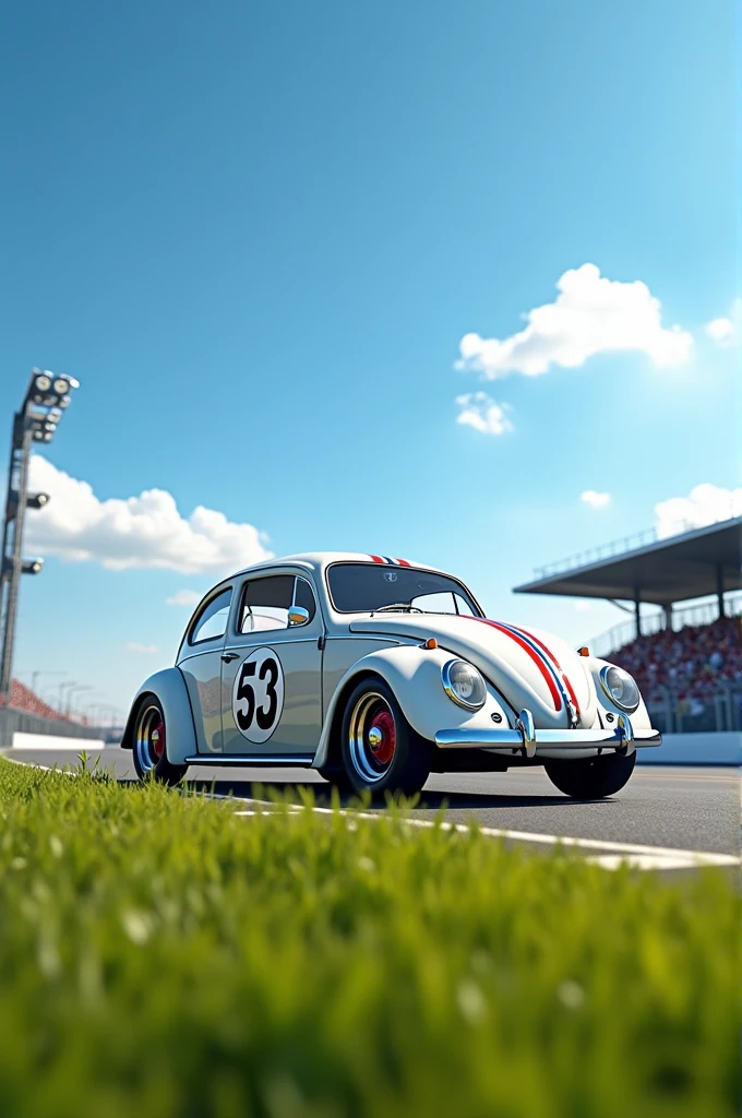 A detailed image of a white Volkswagen Beetle car with the number 53 on the hood and doors, decorated with red, white, and blue racing stripes running from the front to the back. The car has a vintage, classic look, and is set against a backdrop of a sunny day on a racetrack. The environment should have clear skies and green grass surrounding the track, giving a vibrant  and lively feel