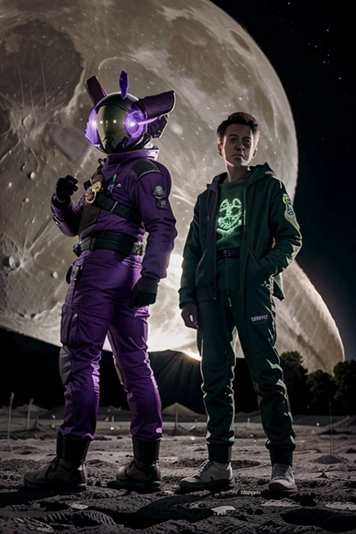 Green and purple aliens with trunks on the moon