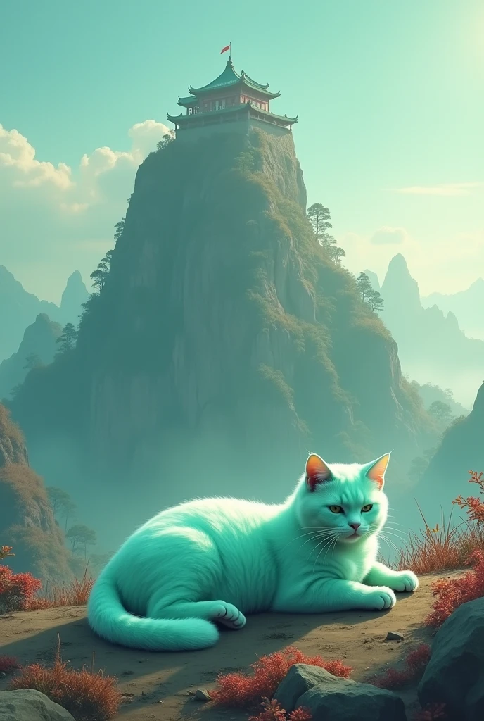 A Tiffany green cat lying on the ground, lazy and unmotivated, with a computer on top of a huge mountain in the Chinese style background