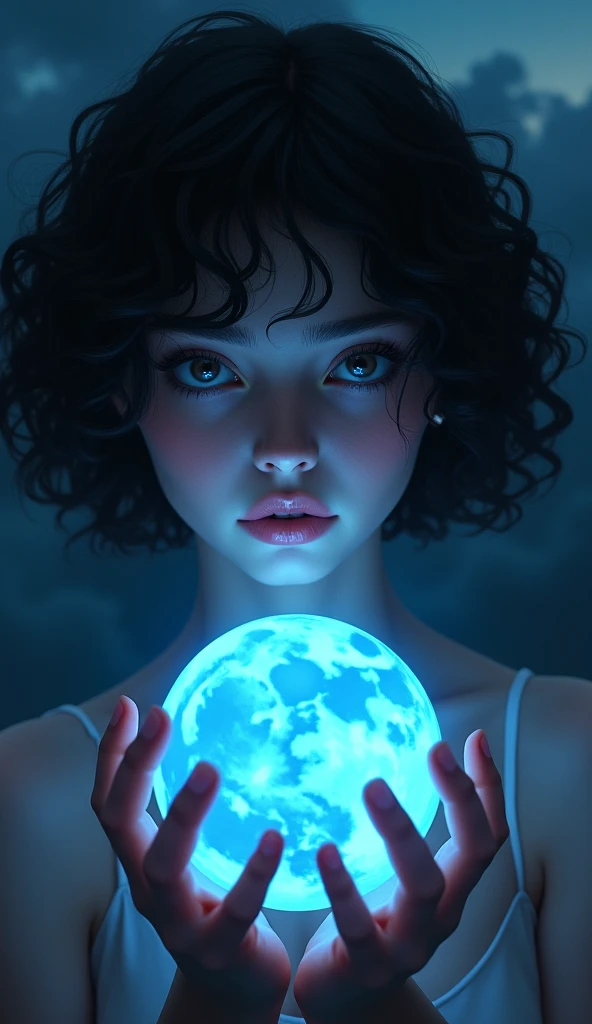 hyper-detailed short-curly black haired woman holding a blue moon, front view, by Mikalojus Konstantinas Ciurlionis style, highly detailed face, digital art, impressionism, deep gaze, best composition, dark-clouded background, center view, front view