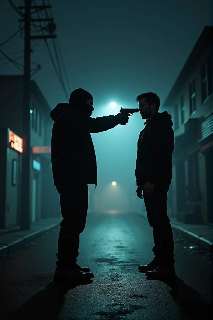 A person pointing a gun at another person on the street late at night, There is a dark atmosphere in the image