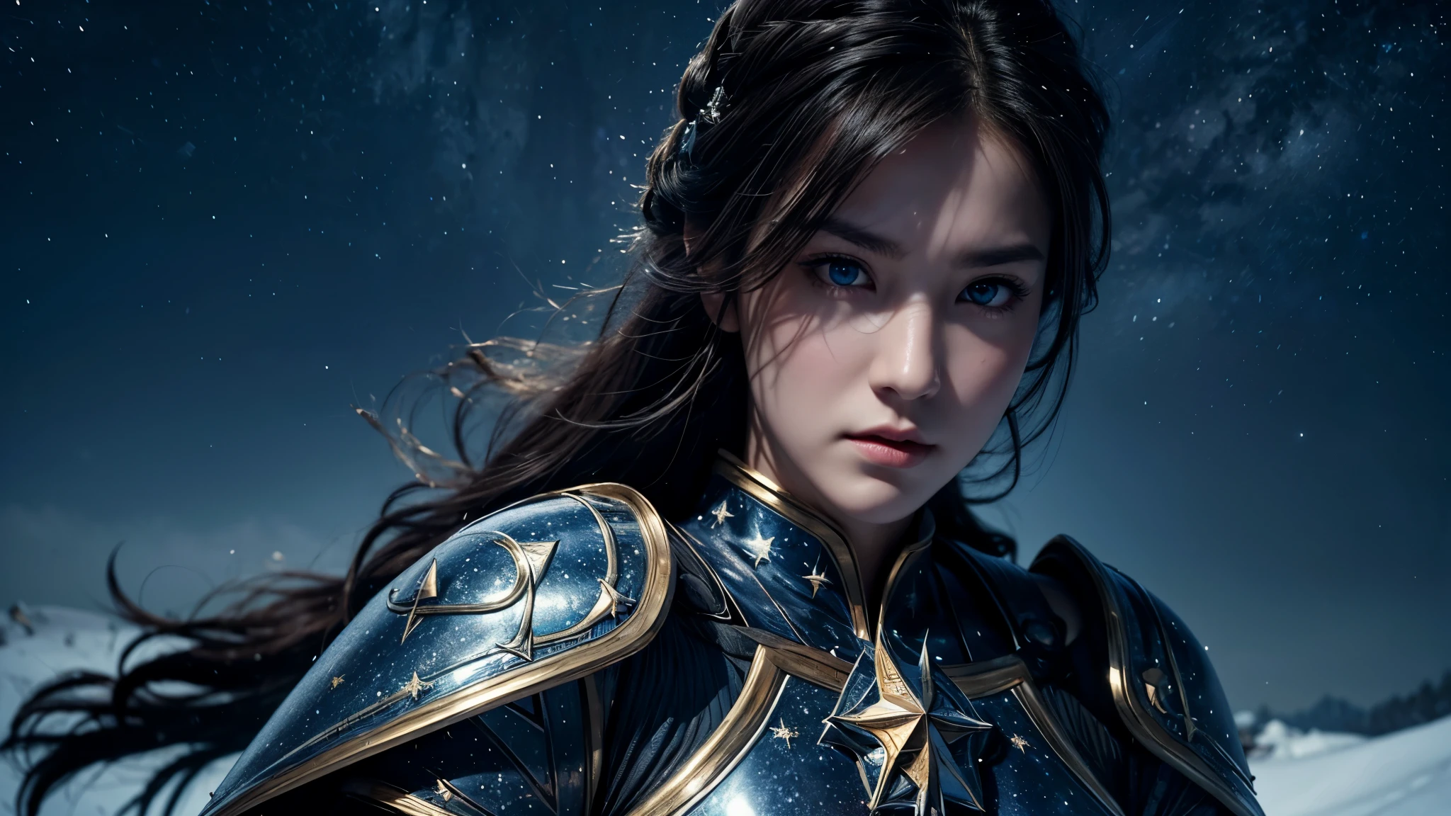masterpiece, rest, best quality, Very detailed, Super real, 16K, high resolution, Snow Castle, ((Starry Sky)),Female Warrior,Gorgeous armor,Complex Mode,Pretty Face,Closed mouth,dramatic,Medium shot,Glowing eyes,Large Breasts