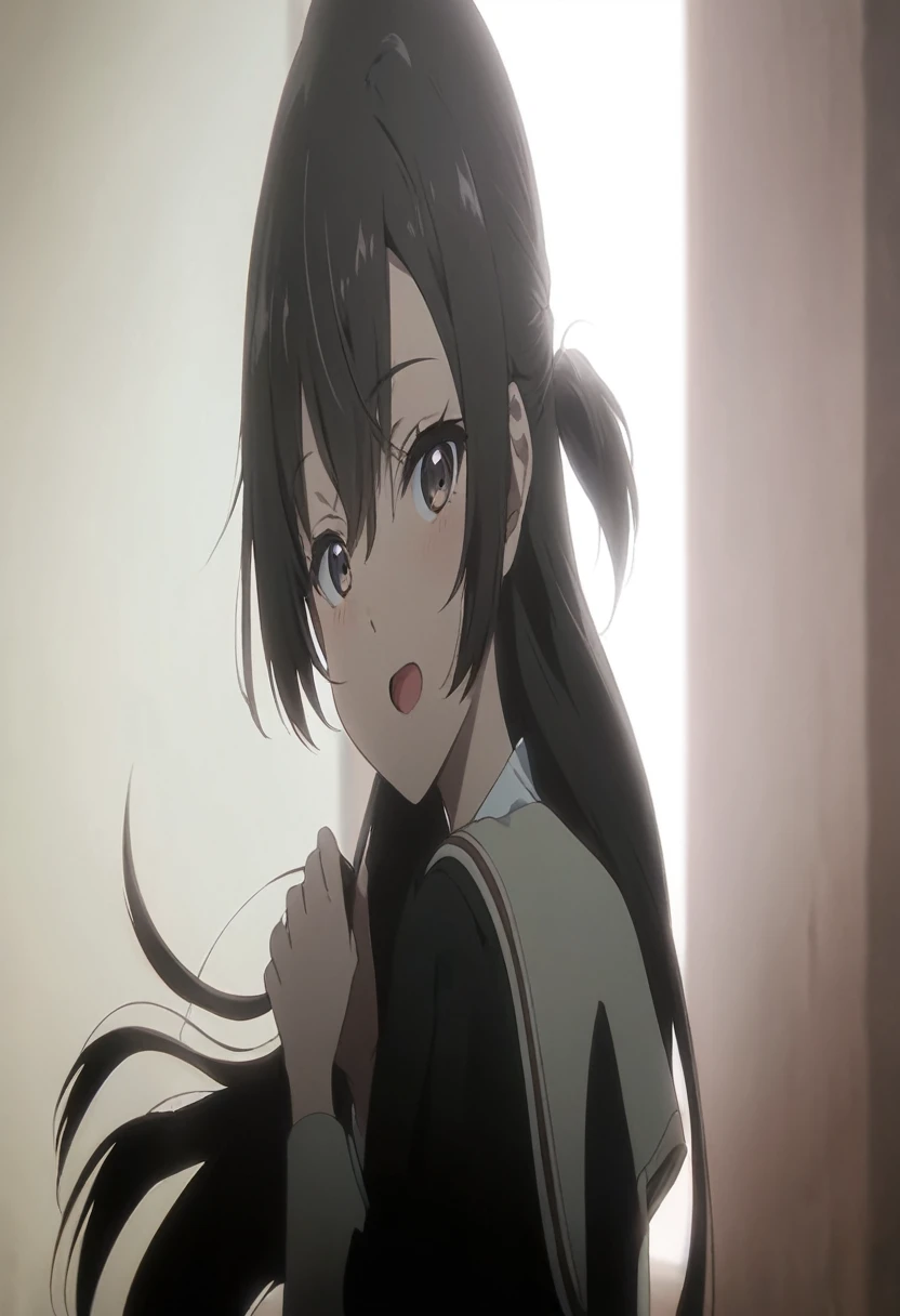 Anime girl with long black hair and ponytail in front of the window, Cute girl anime visual, Animated visual of a young woman, Black moody scene, Flower shape, Another close-up of Iwakura, Black Photo, shuushuu anime character, return, Official animation stills, Anime cute art style, a-1 image