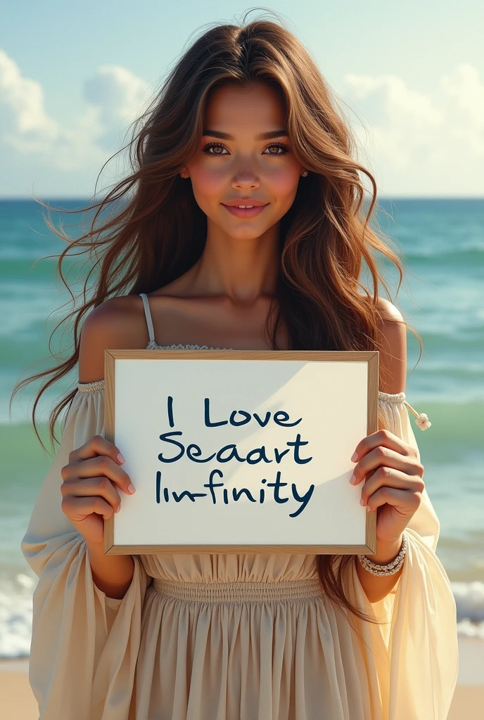 Beautiful girl with wavy long hair, bohemian dress, holding a white board with text "I Love Seaart Infinity" and showing it to the viewer