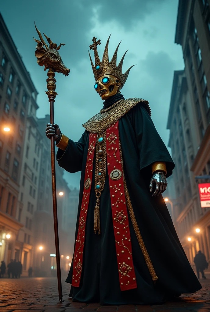 (ultra high picture quality), (intricate details), (strong fisheye lens photo/ intense fisheye view photo), ((bottom lit/)/(underlighting)), full body, large view, ((dynamic photograph of a giant macabre riveted chrome and gold mechanical deity ) (tall jewelled mitre crown) (black and red smock), (holding a long (was-sceptre) stylized sceptre of power with an animal head at the top), ( is destroying the city)), (outside late at night during an electrical storm), [horror , (double exposures), (low opacity overlays), nighttime, outdoor,