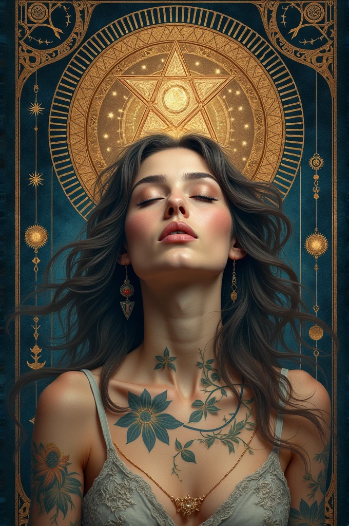 Create a Kabbalah tattoo with a beautiful woman with long hair in front of you