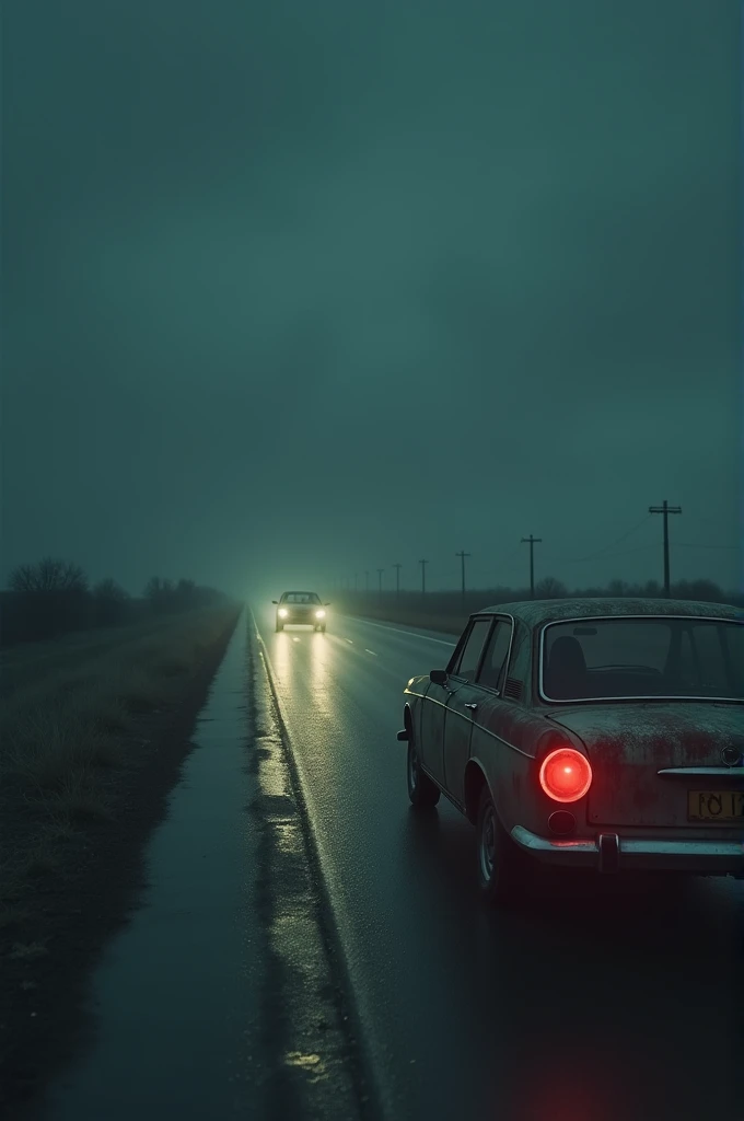 On a desolate stretch of highway, late at night, a lone driver notices an old, rusty car trailing behind. No matter how fast they drive, the car keeps up, its headlights flickering ominously. When the driver finally pulls over to confront the mysterious vehicle, they find it empty, its engine still running. The radio inside suddenly crackles to life, playing an eerie message that seems to be a warning... or a threat. But as they look closer, they see their own face staring back at them from the driver's seat of the phantom car.