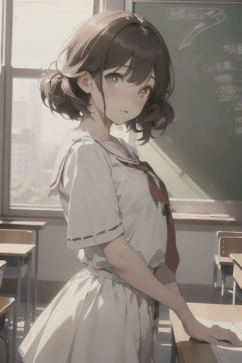 ((masterpiece, best quality), (scenery), (extremely detailed CG, ultra-detailed, best shadow), ((depth of field)), beautiful concept illustration, (illustration), (extremely fine and beautiful), (perfect details), soft focus, cowboy shot, 1 cute girl, ((kumiko oumae)), (summer uniform), yellow eyes, brown hair, classroom,